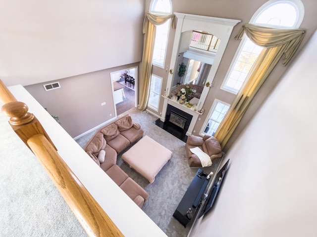 living room featuring a high ceiling and carpet