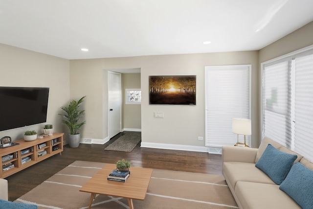 living room featuring dark hardwood / wood-style flooring and plenty of natural light