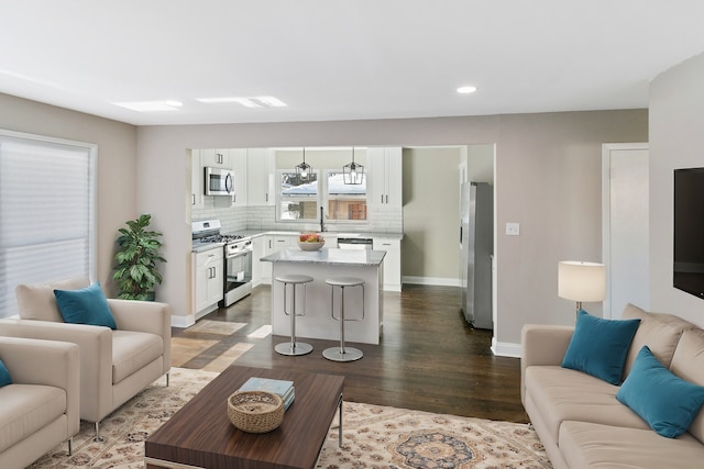 living room with sink and hardwood / wood-style flooring