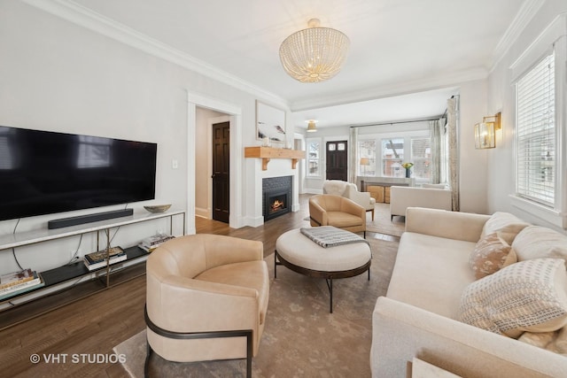 living room with a chandelier, crown molding, and hardwood / wood-style floors