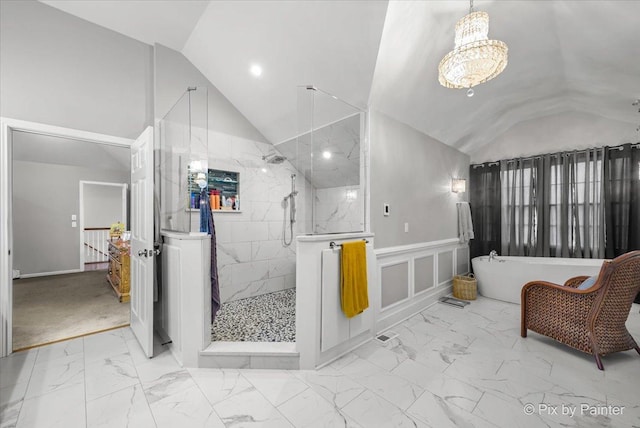 bathroom with separate shower and tub and lofted ceiling