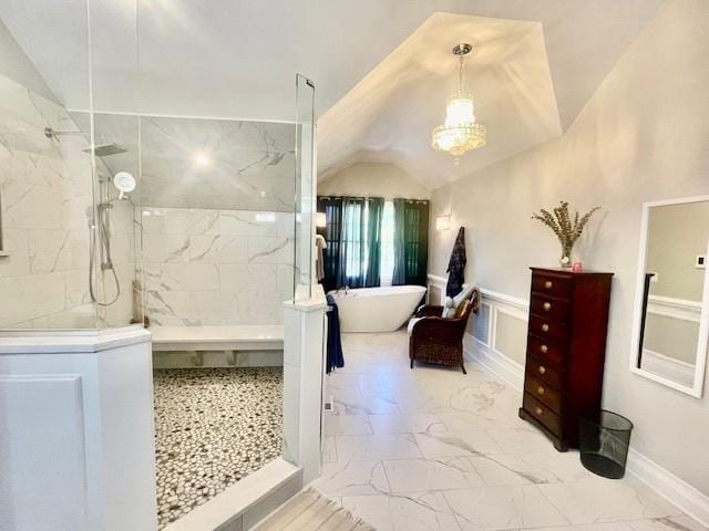 bathroom featuring shower with separate bathtub and vaulted ceiling