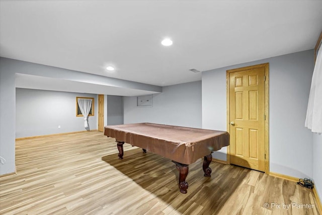 recreation room with light wood-type flooring and billiards