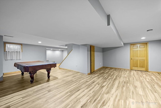 game room with light wood-type flooring and billiards