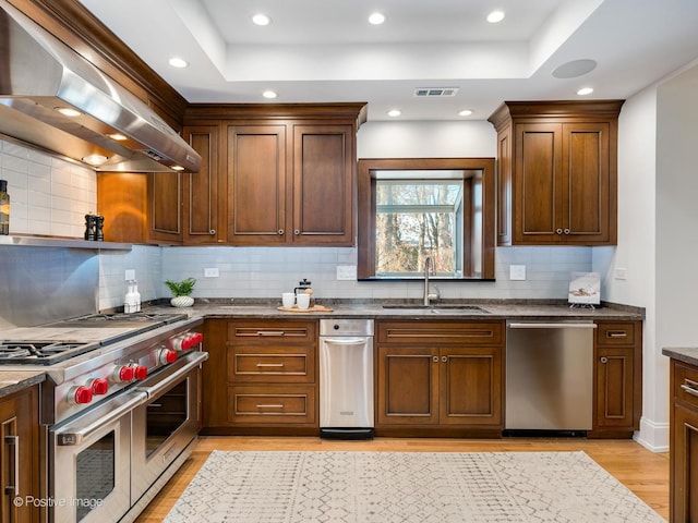 kitchen with sink, dark stone counters, a tray ceiling, stainless steel appliances, and exhaust hood