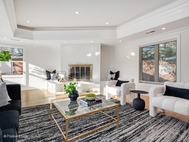 living room featuring crown molding, hardwood / wood-style flooring, a fireplace, and a raised ceiling