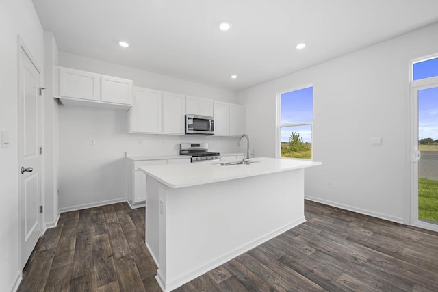 kitchen featuring stainless steel appliances, a kitchen island with sink, white cabinetry, and sink