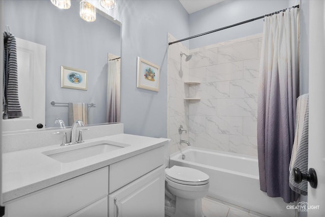 full bathroom featuring toilet, shower / bathtub combination with curtain, tile patterned floors, and vanity