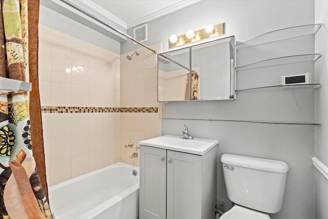 full bathroom featuring toilet, shower / tub combo, ornamental molding, and vanity