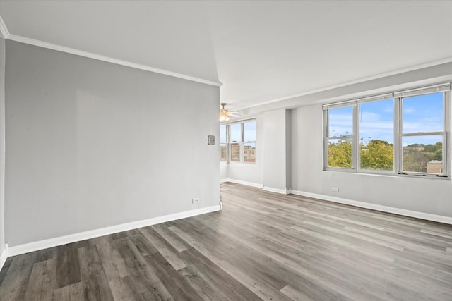 spare room featuring ceiling fan, hardwood / wood-style flooring, and ornamental molding