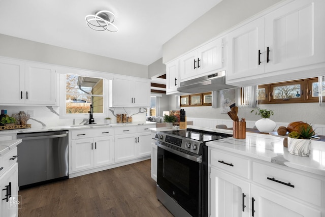 kitchen featuring light stone counters, dark hardwood / wood-style floors, stainless steel appliances, white cabinets, and sink