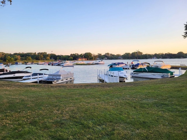 dock area with a yard and a water view