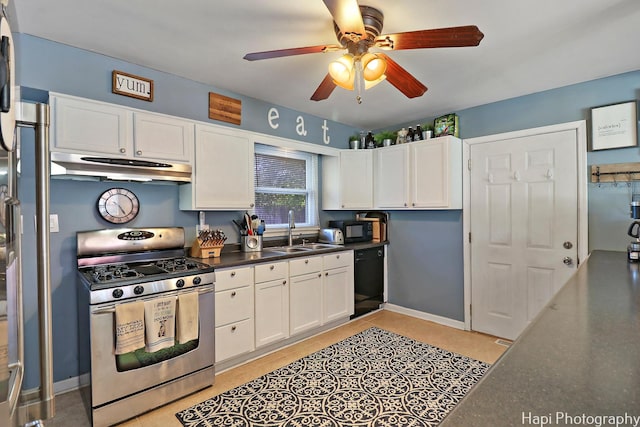 kitchen featuring black appliances, light tile patterned floors, ceiling fan, white cabinets, and sink