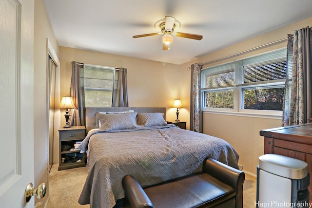 carpeted bedroom with ceiling fan, a closet, and multiple windows