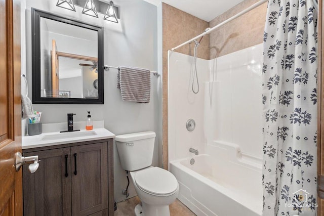 full bathroom featuring vanity, shower / bath combination with curtain, and toilet