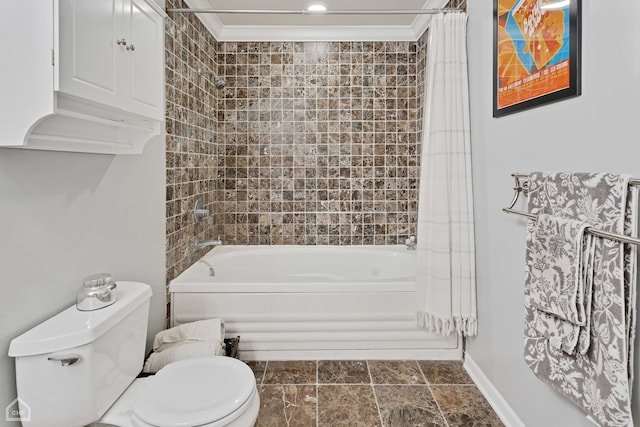 bathroom featuring toilet, ornamental molding, and shower / tub combo with curtain