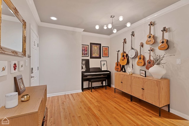 miscellaneous room with ornamental molding and hardwood / wood-style flooring