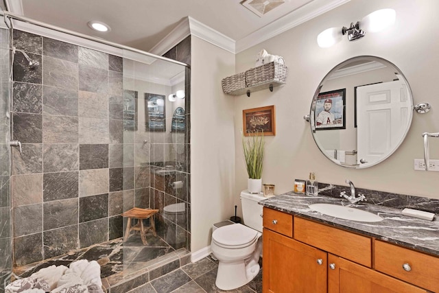 bathroom featuring toilet, walk in shower, vanity, and crown molding