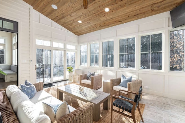 sunroom with wood ceiling and vaulted ceiling