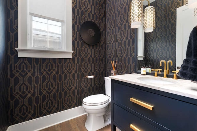 bathroom with vanity, toilet, and hardwood / wood-style floors