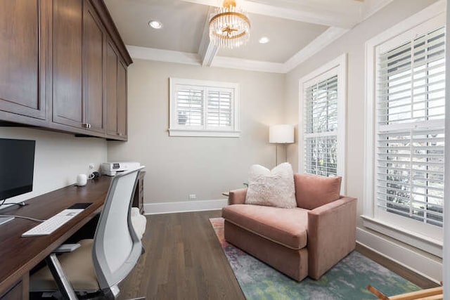 office area featuring dark wood-type flooring, beam ceiling, crown molding, and a notable chandelier