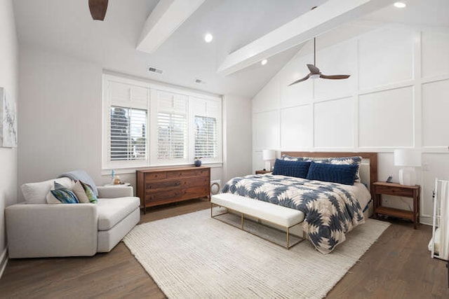 bedroom featuring beamed ceiling, high vaulted ceiling, dark hardwood / wood-style floors, and ceiling fan