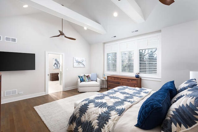 bedroom featuring ceiling fan, beam ceiling, high vaulted ceiling, dark hardwood / wood-style floors, and ensuite bathroom