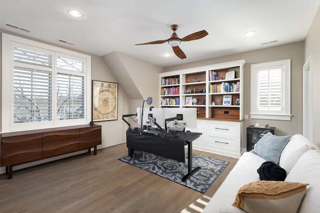 home office featuring ceiling fan and dark hardwood / wood-style flooring