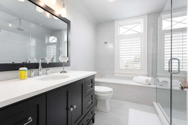 bathroom with vanity, toilet, and an enclosed shower