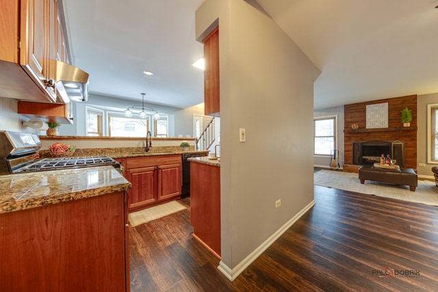 kitchen featuring dark hardwood / wood-style floors, a large fireplace, dishwasher, range, and sink