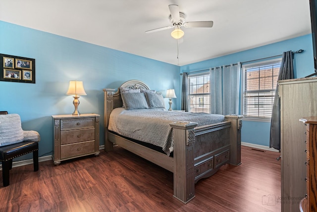 bedroom with ceiling fan and dark hardwood / wood-style floors