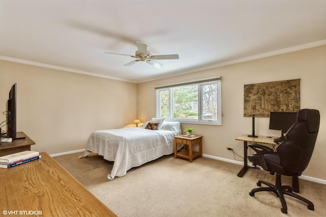 bedroom with crown molding, ceiling fan, and carpet flooring