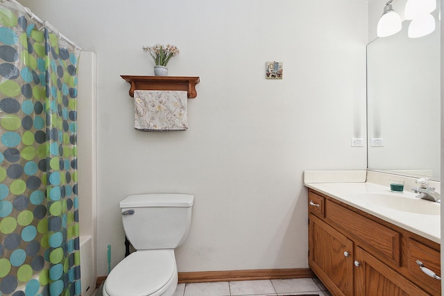 full bathroom with toilet, tile patterned flooring, shower / bath combo, and vanity