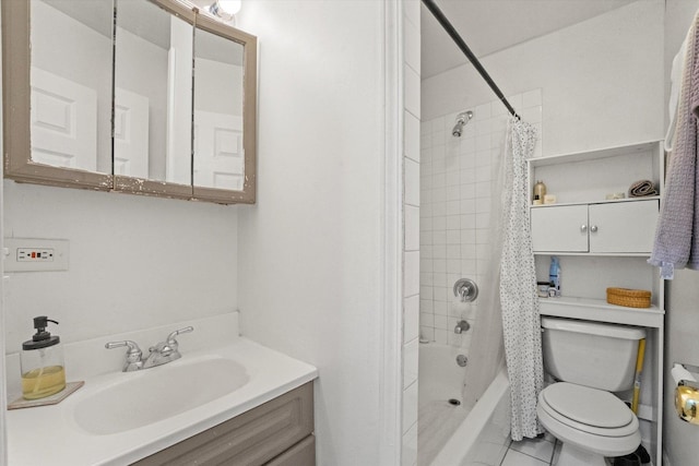 full bathroom featuring shower / tub combo, tile patterned floors, vanity, and toilet