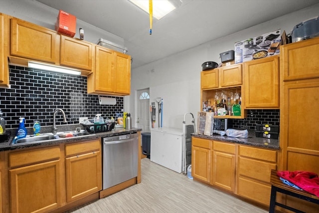 kitchen with dark stone countertops, dishwasher, tasteful backsplash, and sink