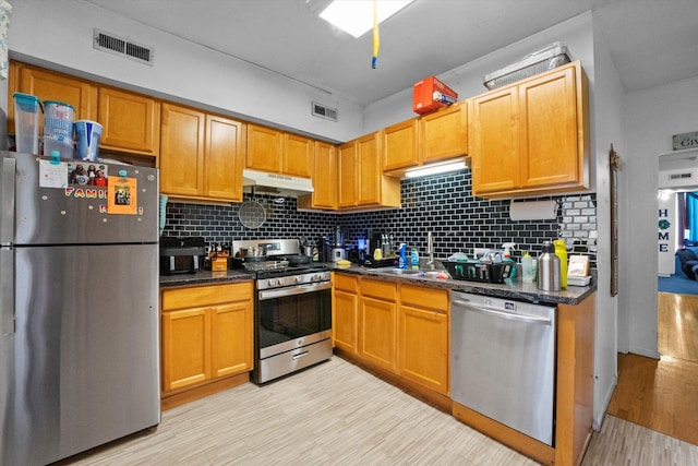 kitchen with stainless steel appliances, light wood-type flooring, backsplash, and sink