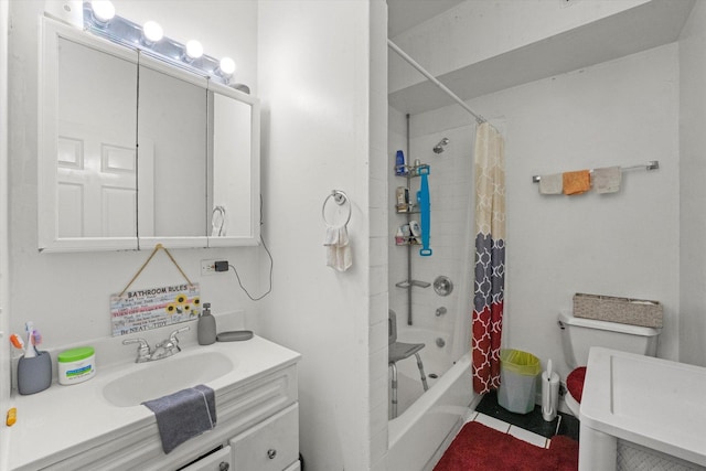 bathroom featuring vanity, tile patterned floors, and shower / bath combo with shower curtain