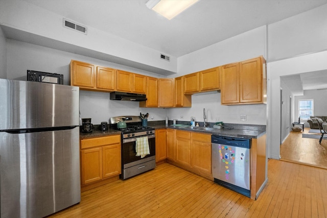 kitchen featuring appliances with stainless steel finishes, light wood-type flooring, and sink