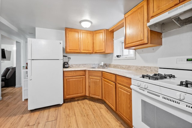 kitchen featuring white appliances, light hardwood / wood-style flooring, and sink