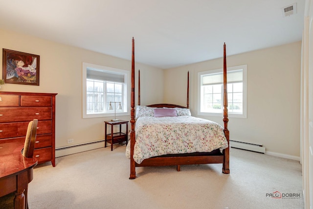 bedroom featuring light colored carpet, a baseboard radiator, and multiple windows