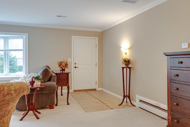 sitting room with light colored carpet, a baseboard radiator, and crown molding