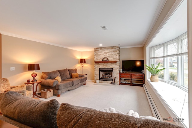 carpeted living room featuring ornamental molding and a stone fireplace