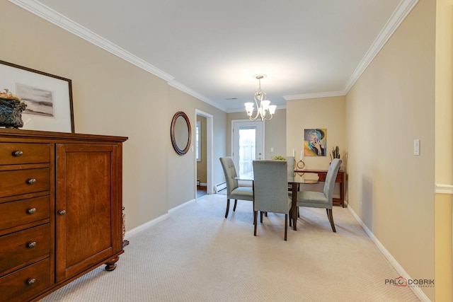 carpeted dining space featuring a chandelier and ornamental molding