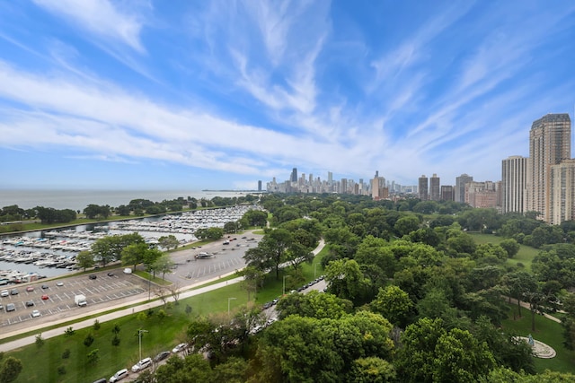 birds eye view of property with a water view