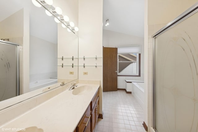 bathroom with tile patterned flooring, plus walk in shower, vaulted ceiling, and vanity