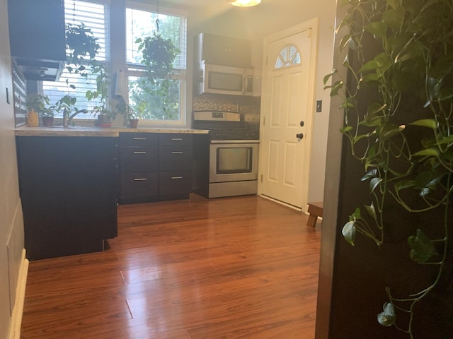 kitchen with plenty of natural light, tasteful backsplash, stainless steel gas range, and dark wood-type flooring