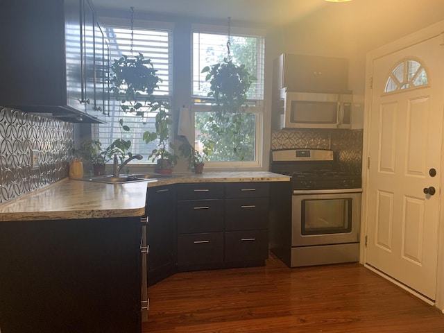 kitchen featuring appliances with stainless steel finishes, tasteful backsplash, dark hardwood / wood-style flooring, and sink