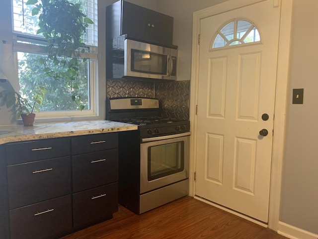 kitchen with dark hardwood / wood-style flooring, tasteful backsplash, appliances with stainless steel finishes, and a wealth of natural light