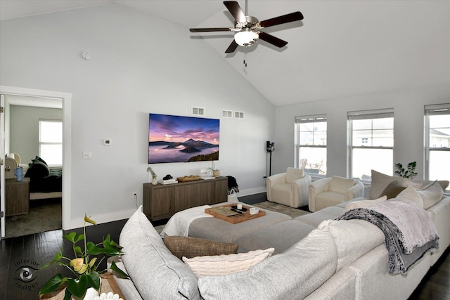 living room with high vaulted ceiling, dark hardwood / wood-style flooring, and ceiling fan