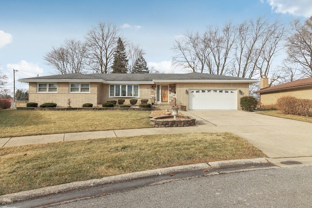 ranch-style house featuring a garage and a front lawn